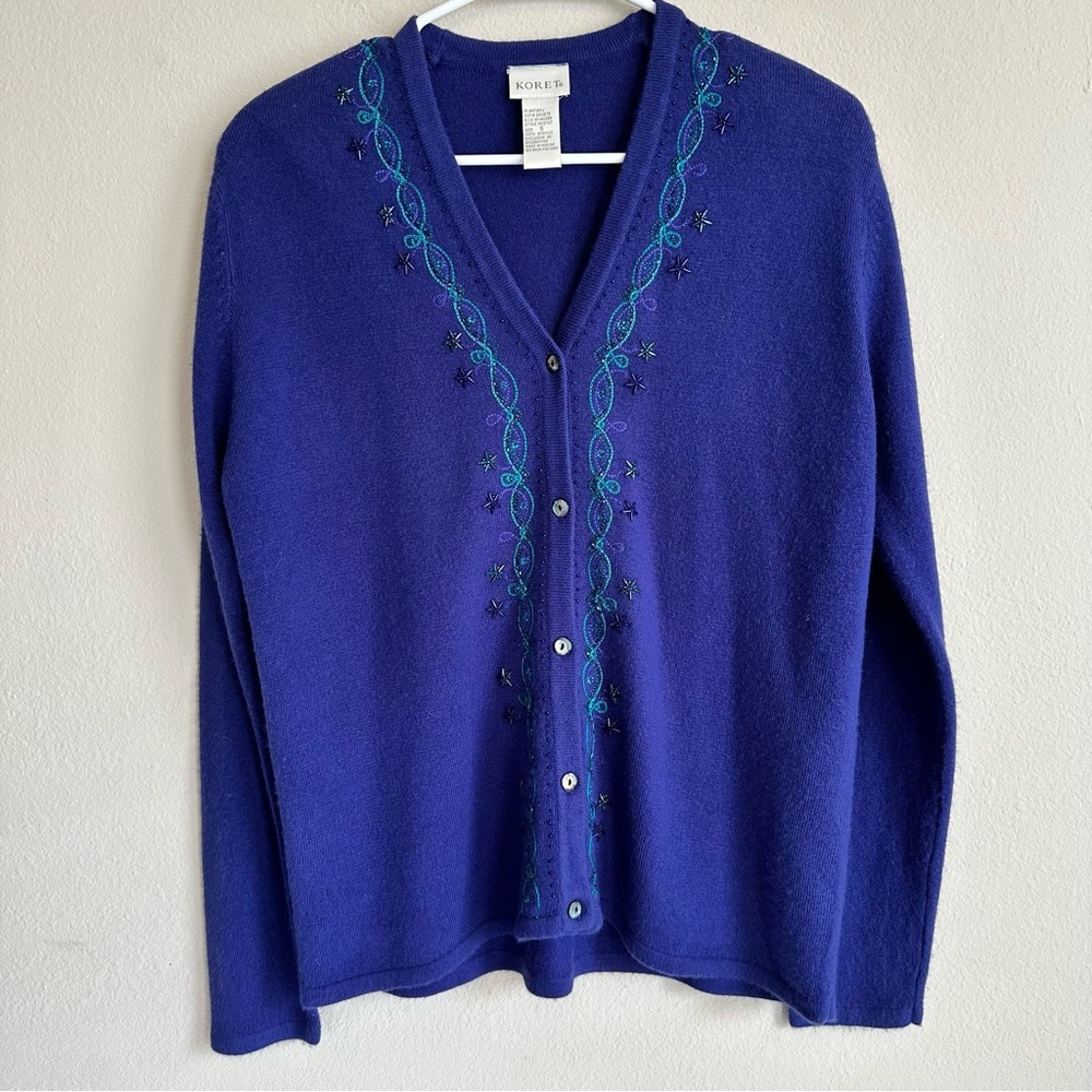 Vintage Koret Purple Beaded Embroidered Cardigan Sweater Sz Small Lightweight‎